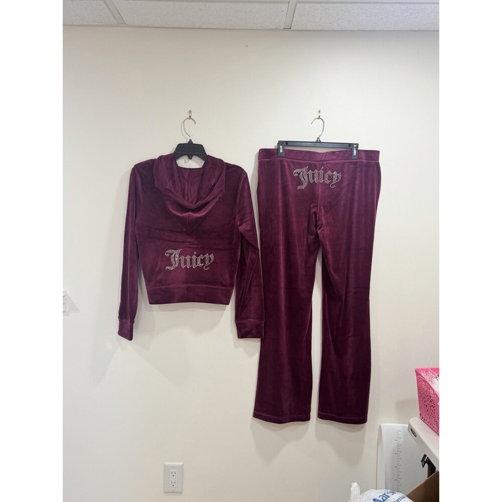 Juicy Couture Dark Purple Velour Tracksuit Set XL Rhinestone Hoodie Pants NWT
